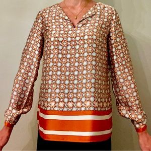 Silky Orange/Navy/Off-White Printed Blouse, Jones NY, Size 2P